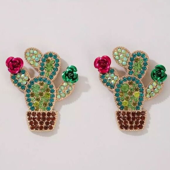 Flowering Cactus Earrings Rhinestone Green Pink - Picture 2 of 3